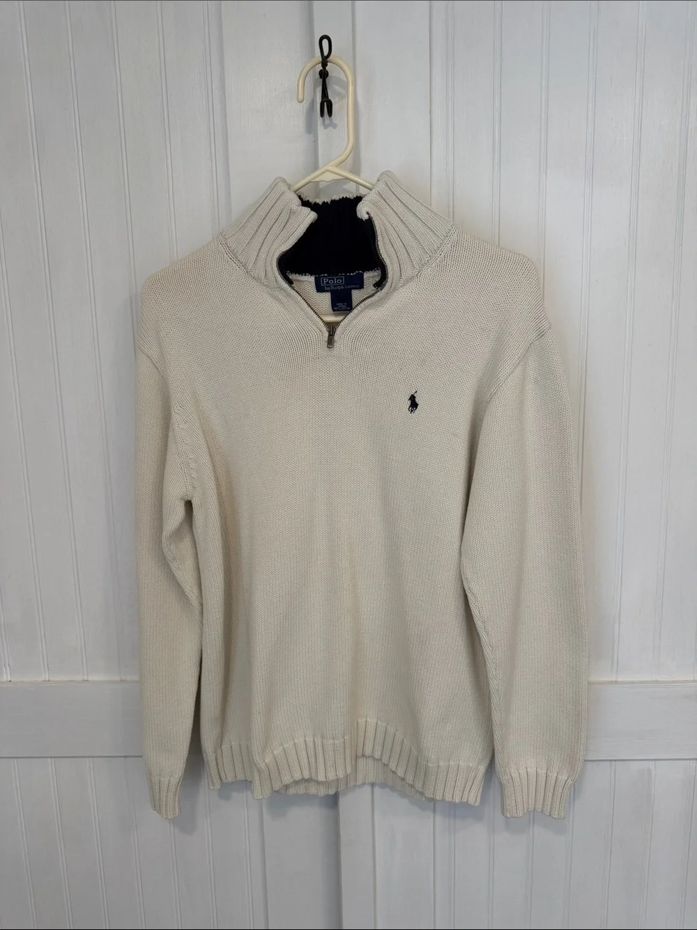 Polo by Ralph Lauren Cream 1/4 zip, 100% Cotton Sweater with Navy Logo size M
